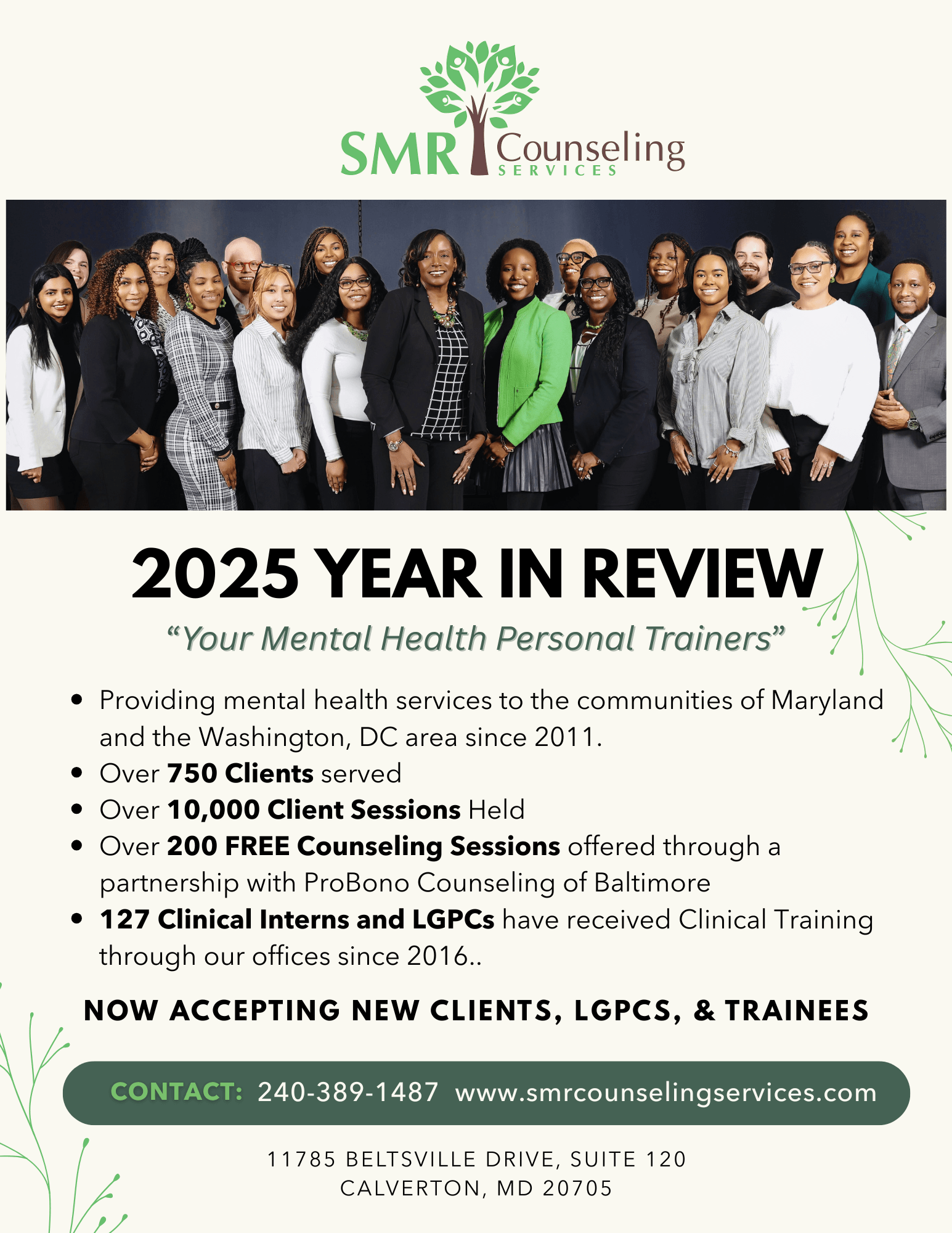 Group of diverse people standing together in front of a logo and text, promoting counseling services and year in review.