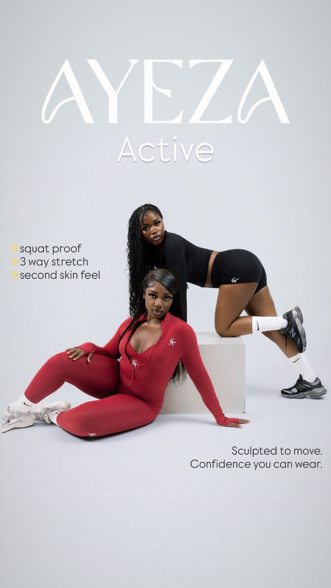Two women in activewear perform fitness poses against a light background, with text about AYZA Active and workout features.