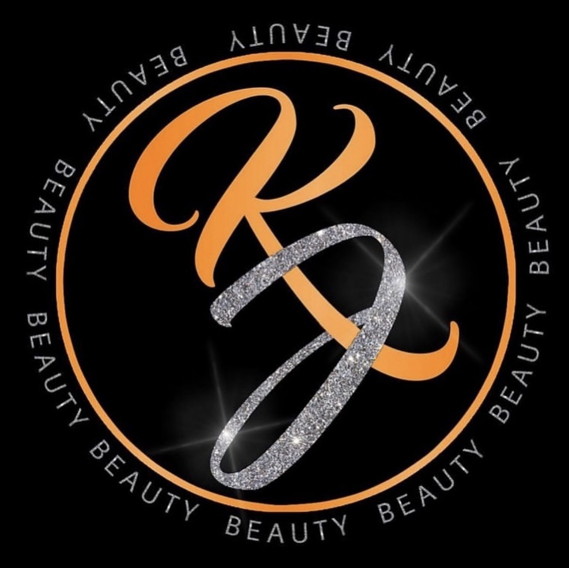 Logo with a large orange and silver stylized 'K' inside a black circle, surrounded by the word 'BEAUTY' repeated.