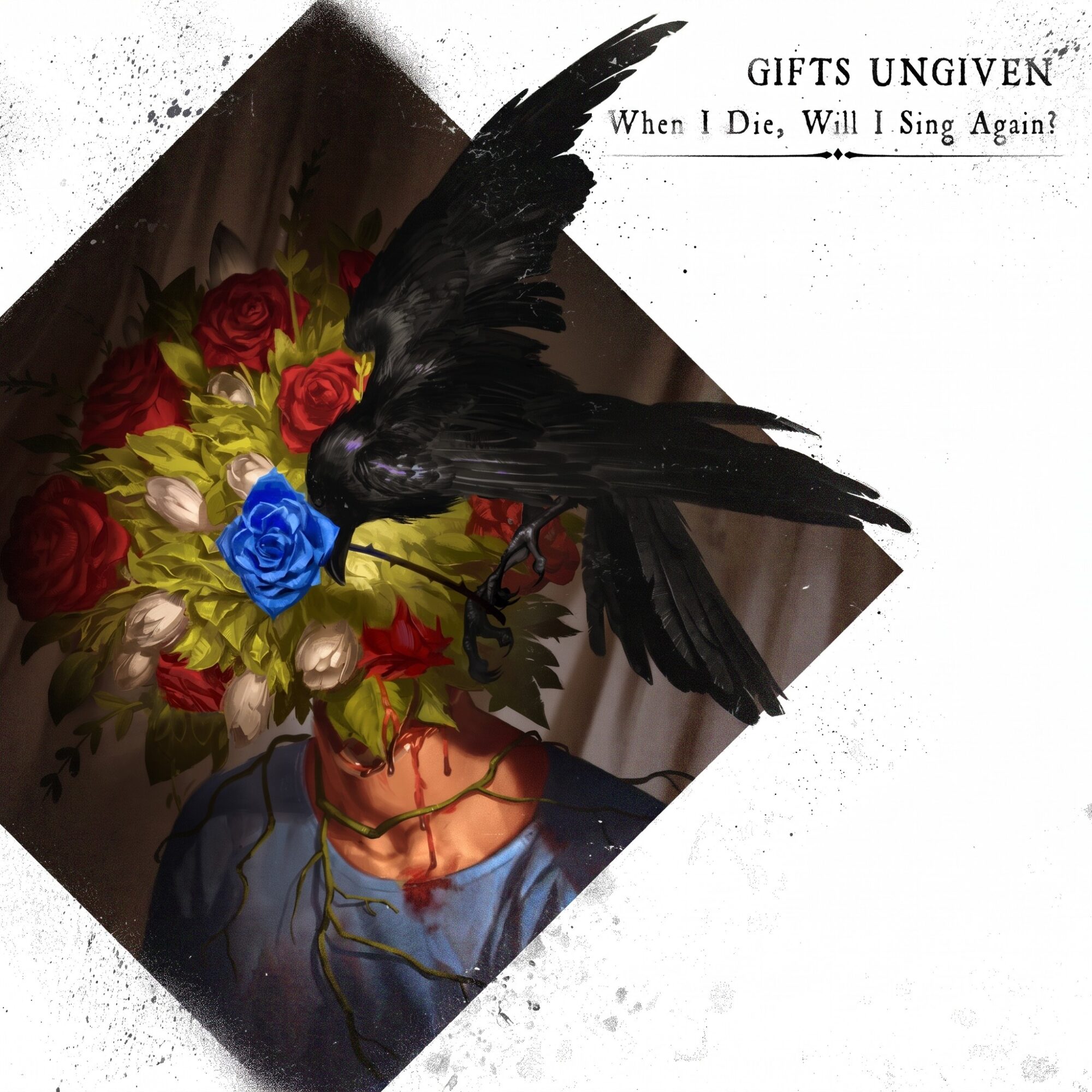 A black bird with outstretched wings perched on a person's head, surrounded by colorful flowers, with text in the top right corner.