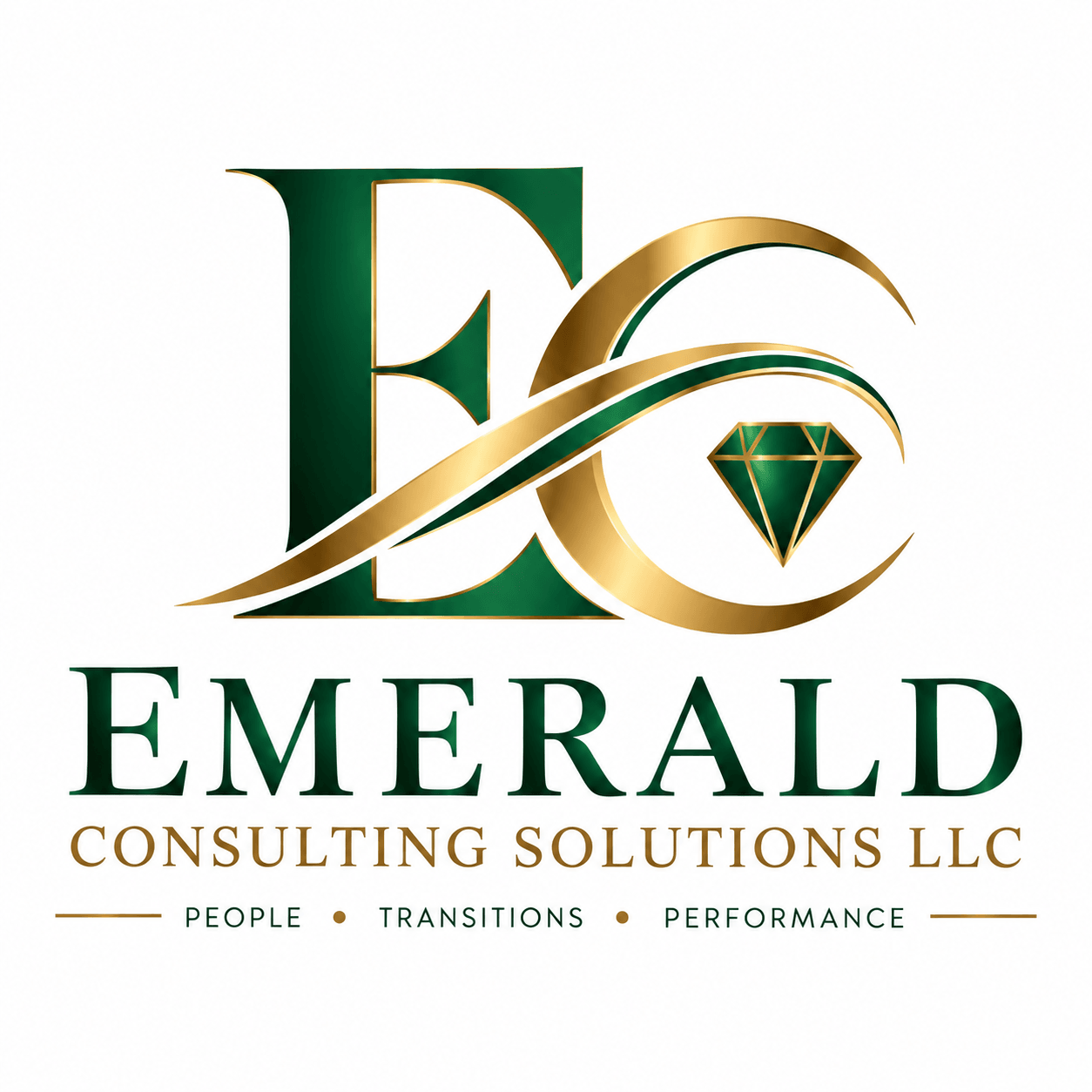 Emerald Consulting Solutions LLC logo with a stylized green E, gold curves, and a green gemstone.