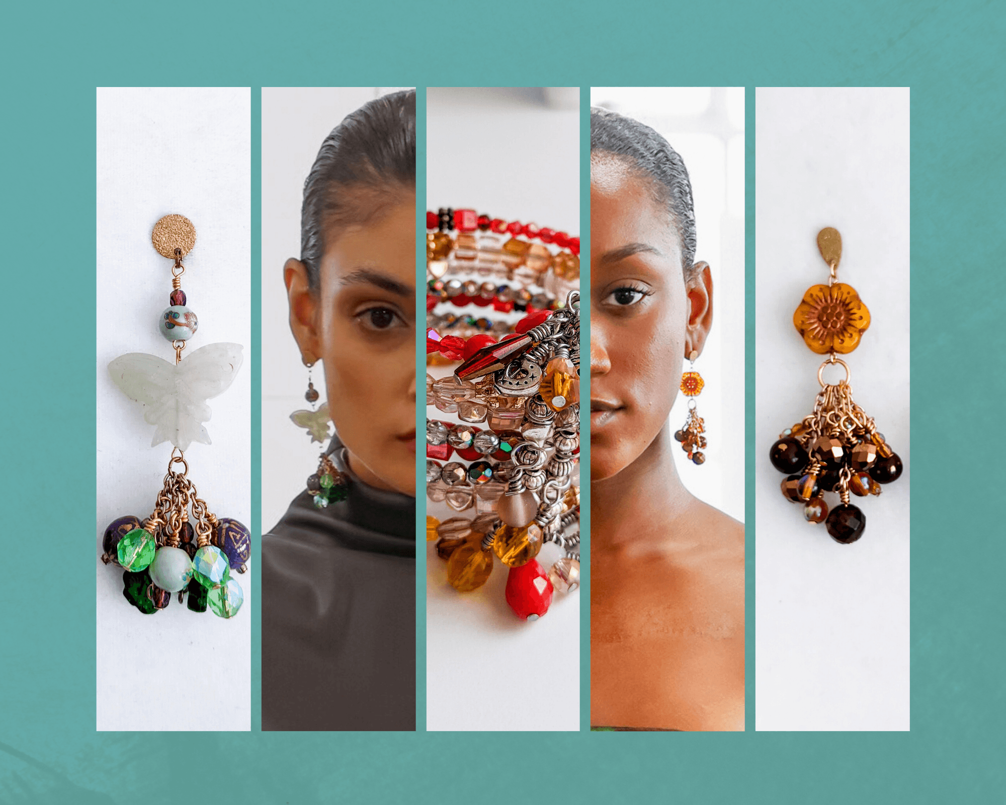 Split image of a woman with jewelry, with earrings and necklaces displayed on white panels, against a teal background.