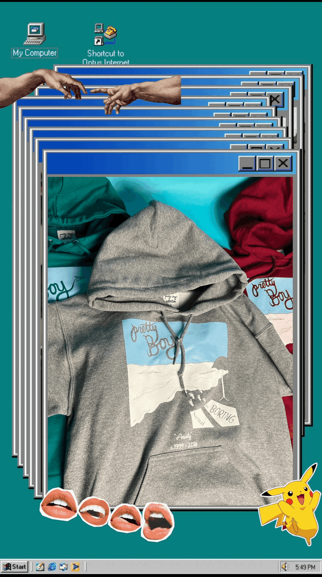 Multiple overlapping computer windows with clothing items, including a gray hoodie and red and teal garments, on a teal background.