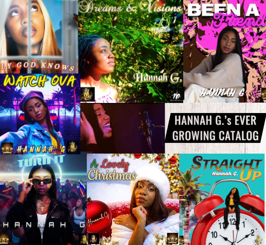Collage of nine images featuring a young woman in various settings and outfits, with text overlays and decorative backgrounds.