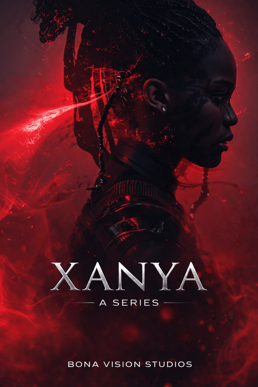 Profile of a woman with braided hair against a red cosmic background, promoting the series XANYA by Bona Vision Studios.