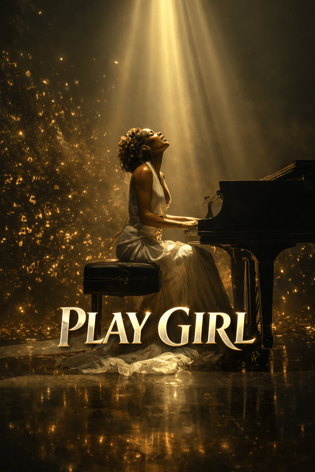 A girl with curly hair plays a grand piano on a stage illuminated by a spotlight, with golden particles around her.