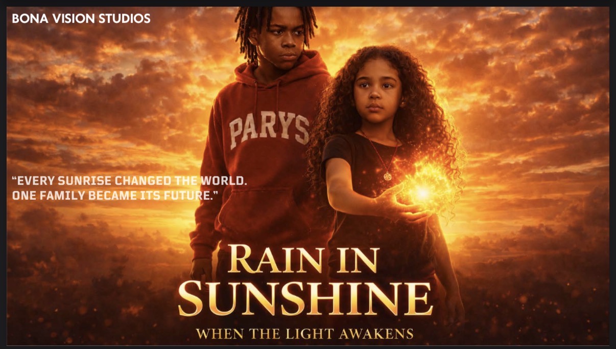 Two children, a boy and a girl, stand against a sunset sky with clouds, with the sun shining behind them, promoting a film titled