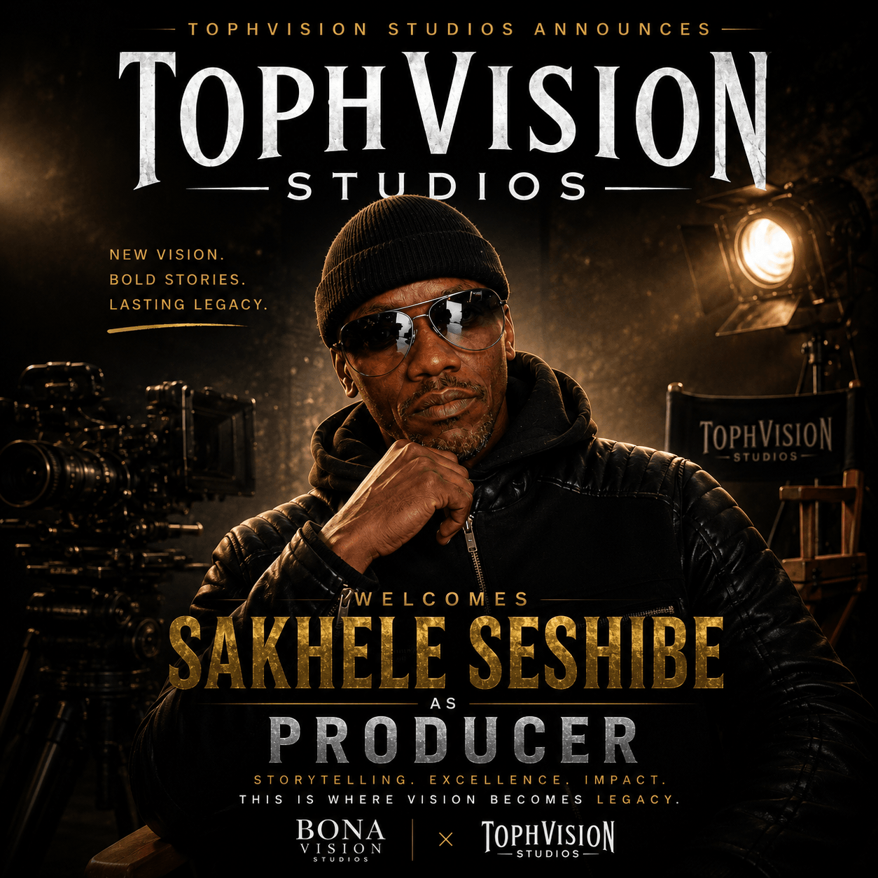 Man wearing sunglasses and a beanie, in a dark studio with lights and cameras, promoting Sakhele Seshibe as producer.