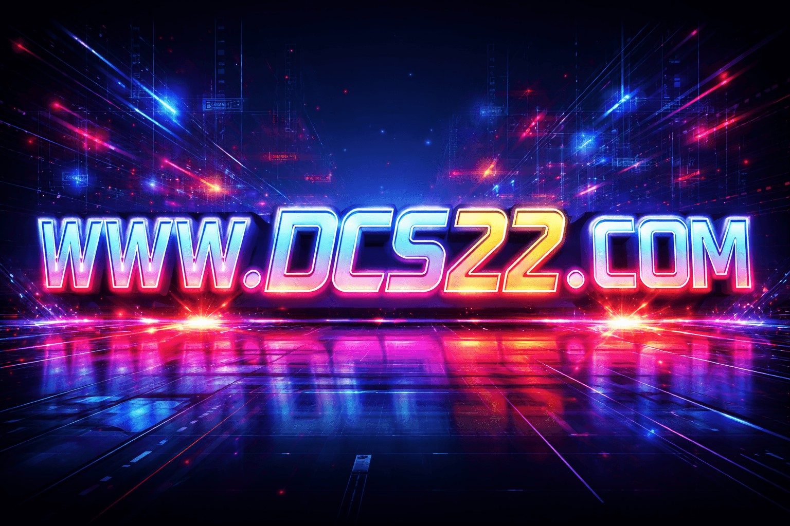 Bright neon website URL www.DCS22.com with colorful light effects and reflections, futuristic background, vibrant colors, and glowing text.