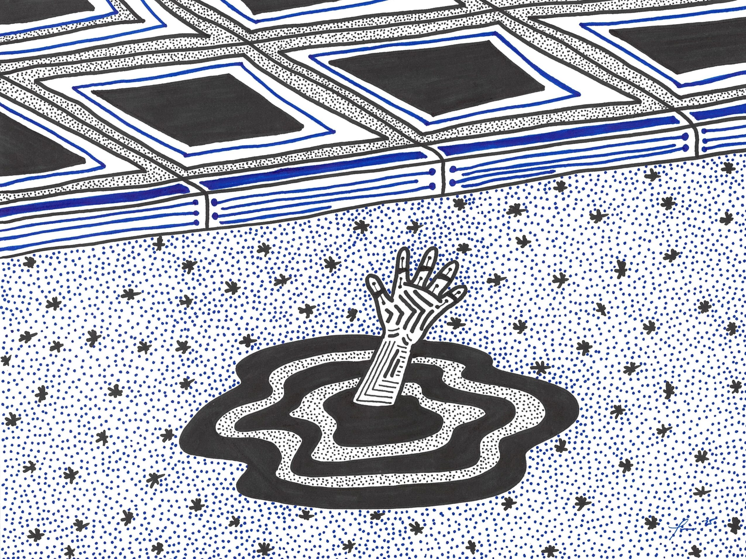 A hand emerging from a small, irregularly shaped pond with a starry background, in black and white.