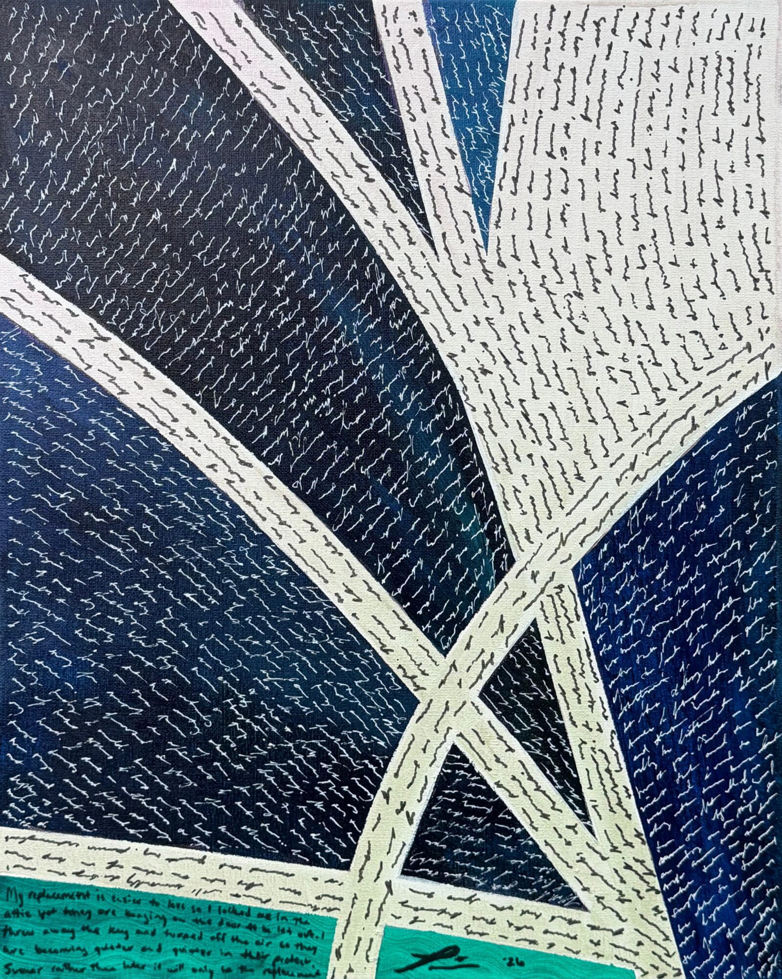 Abstract geometric pattern with curved lines and textured areas in white, blue, and teal colors.