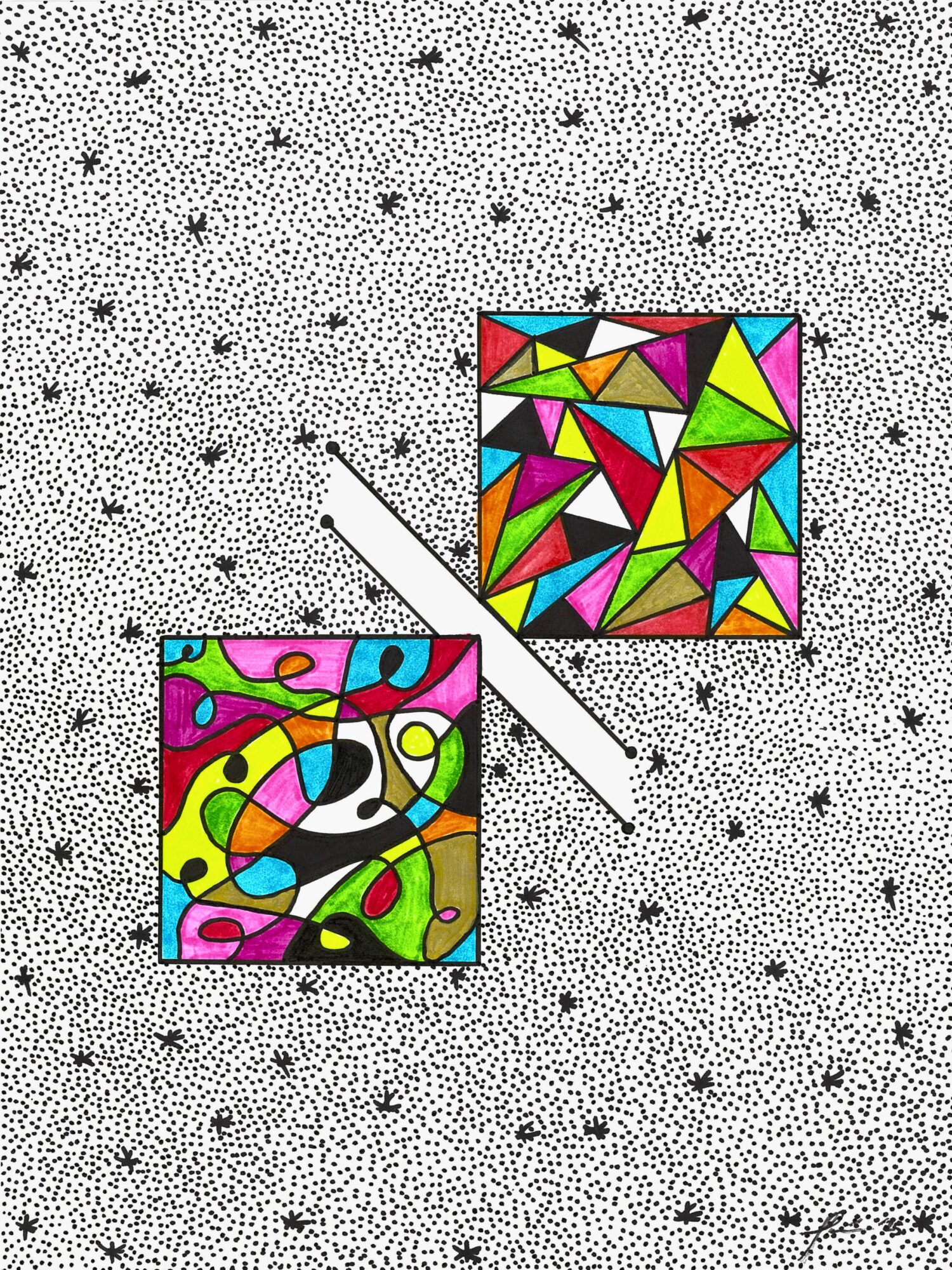Two colorful abstract stained glass designs on a dotted background, one rotated 90 degrees, separated by a white diagonal line.