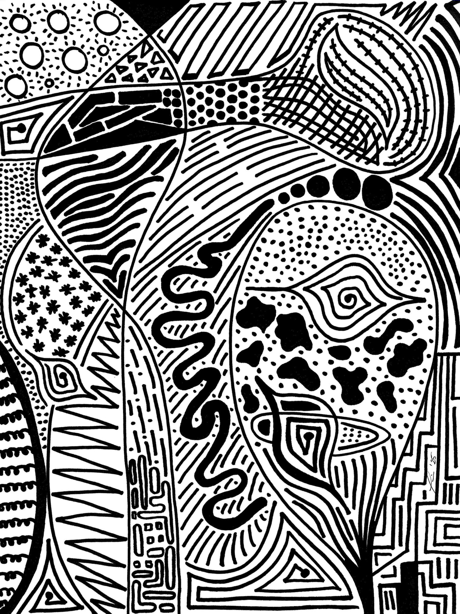 Abstract black and white pattern with various geometric shapes and lines, including circles, zigzags, and wavy lines.