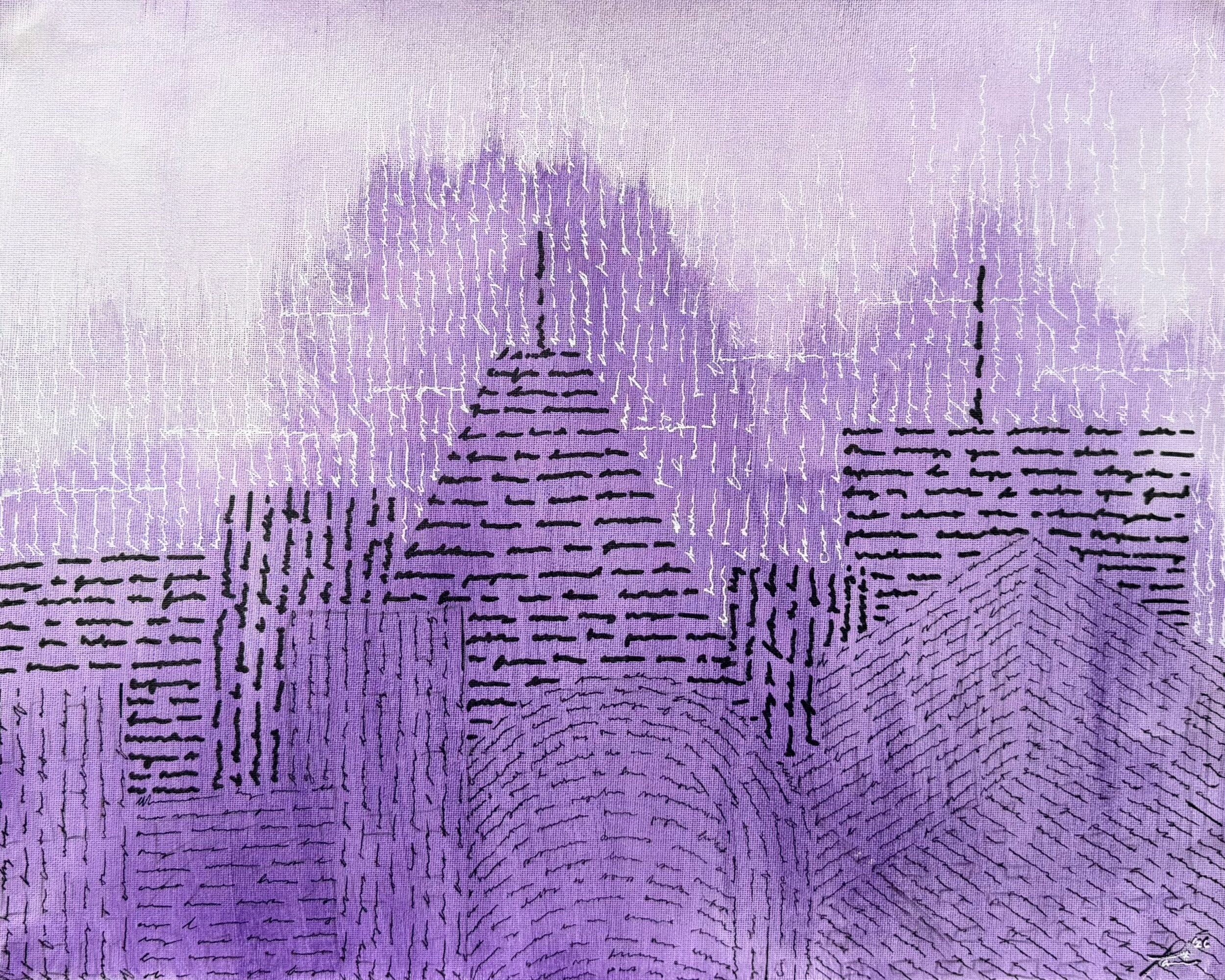 City skyline with purple watercolor background and black line details of buildings, including domes and spires.