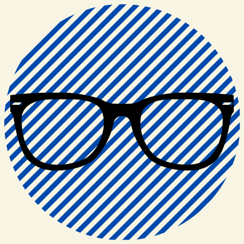 Black glasses illustration over a blue and white striped circular background, on a light beige backdrop.