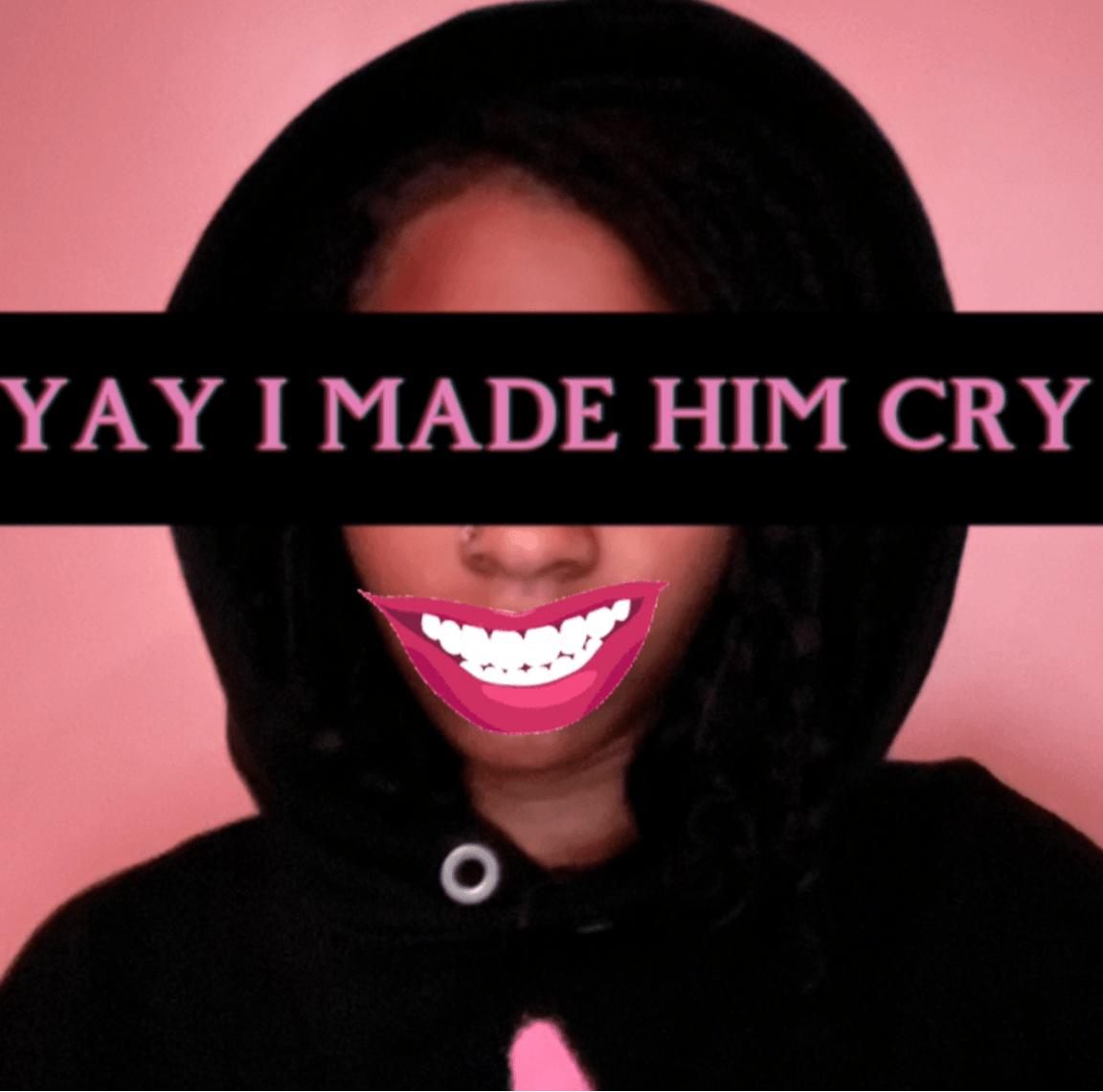 Person wearing a black hoodie and hat, with a pink background, smiling with exaggerated pink and white teeth, and a black bar with pink text.