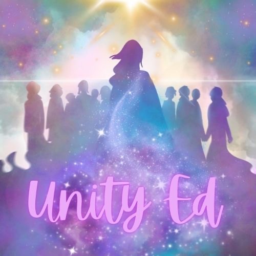 Colorful poster with a central silhouette, a group of people, a glowing sky, and the words “Unity Ed.”