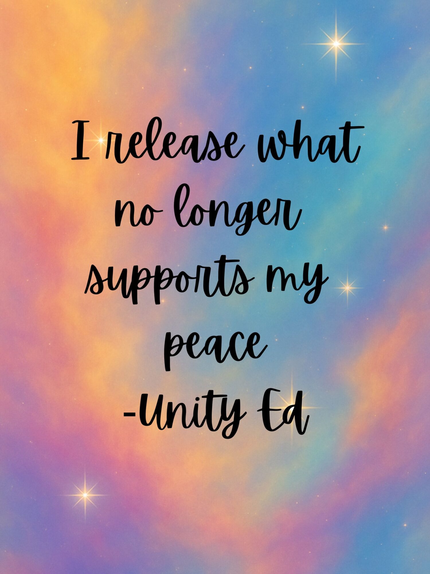 Inspirational quote reading, “I release what no longer supports my peace,” over a colorful pastel background with stars.