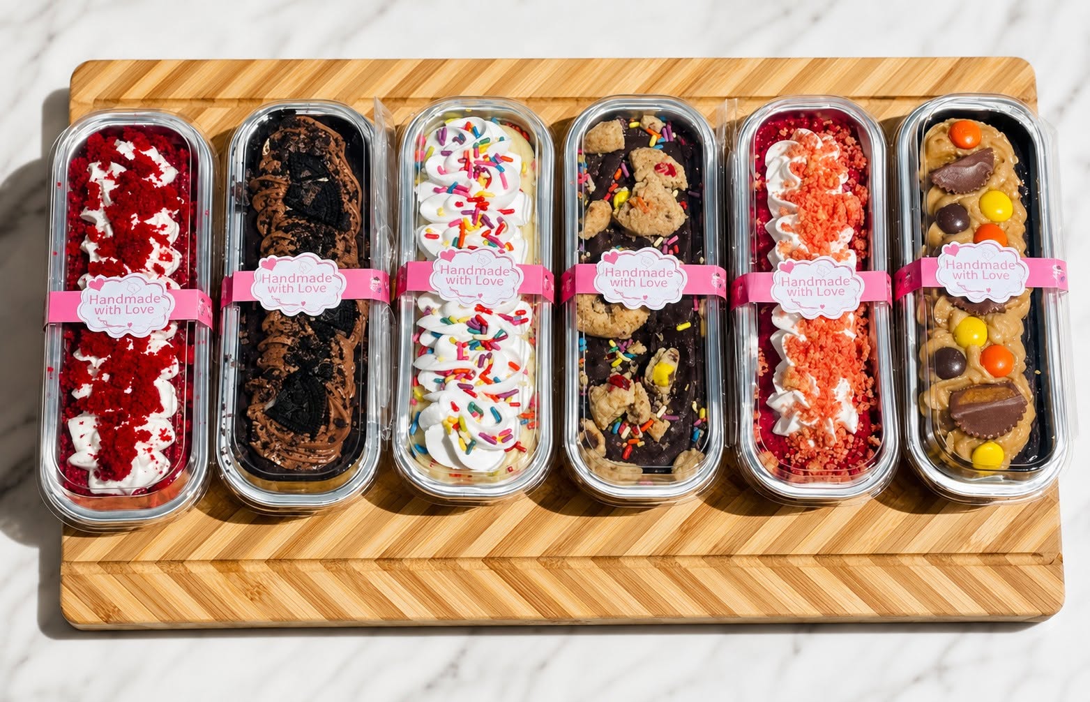 Six decorated ice cream sandwiches on a wooden tray, each with different toppings and colors.