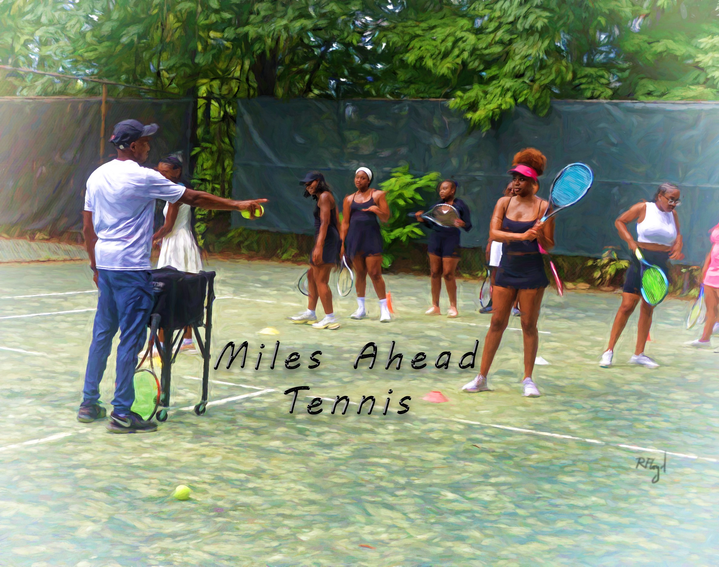 Group of people on a tennis court with a coach, some holding rackets, surrounded by green trees.