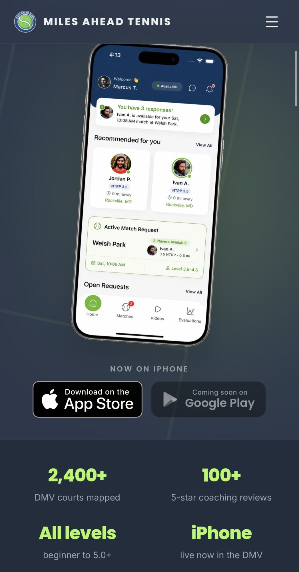 Smartphone screen displaying a tennis app with recommended activities, map, and download options, on a dark background.