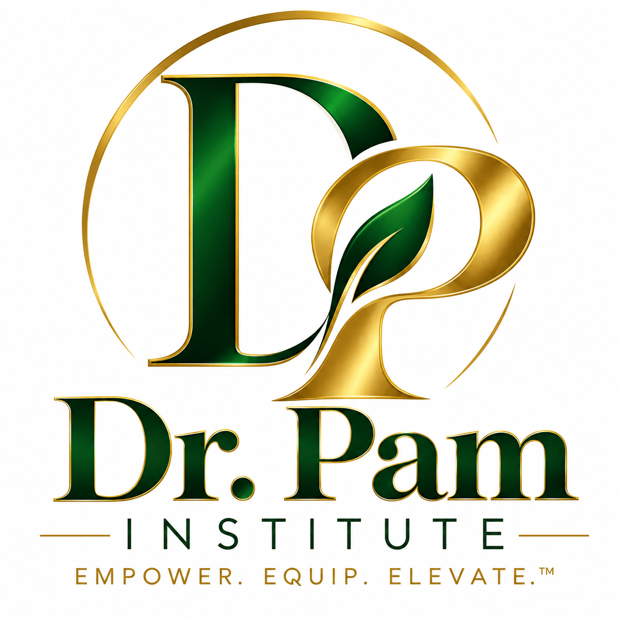 Logo with a large green letter D, a gold number 2 with a leaf, and text 'Dr. Pam Institute' and slogan.