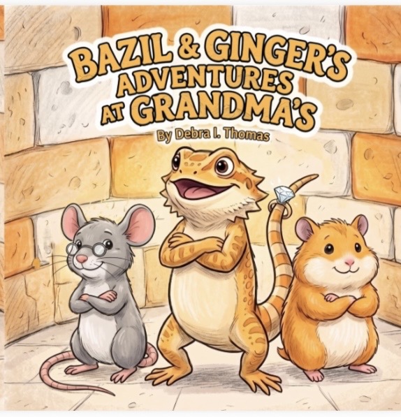 Book cover with cartoon animals in front of a stone wall, title reads 'Bazil & Ginger's Adventures at Grandma's' by Debra L. Thomas.