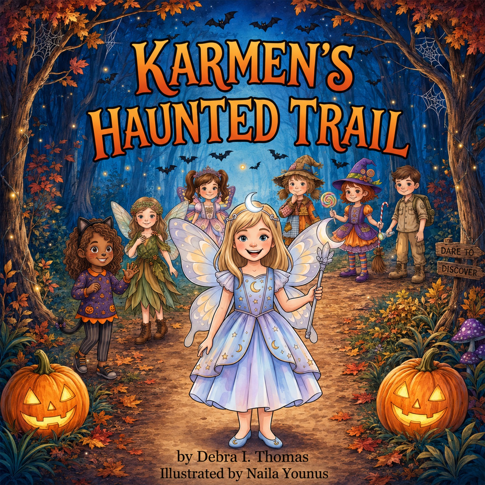 Children in costumes walk through a forest with pumpkins, bats, and a fairy, under a starry night sky, for a Halloween story.