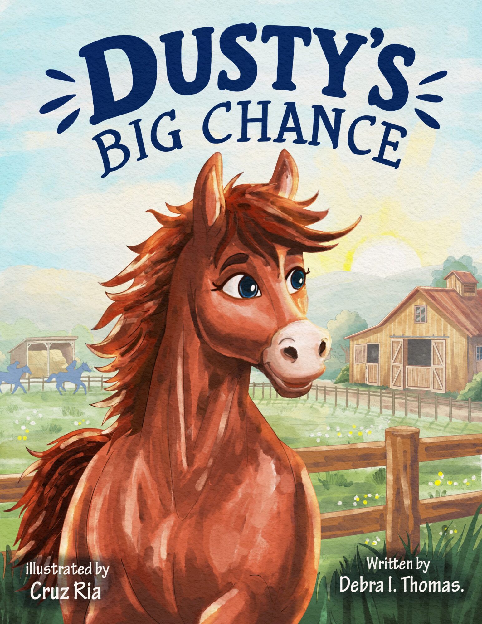 A horse with a brown mane and expressive eyes in a farm setting with buildings and fences, under a blue sky.