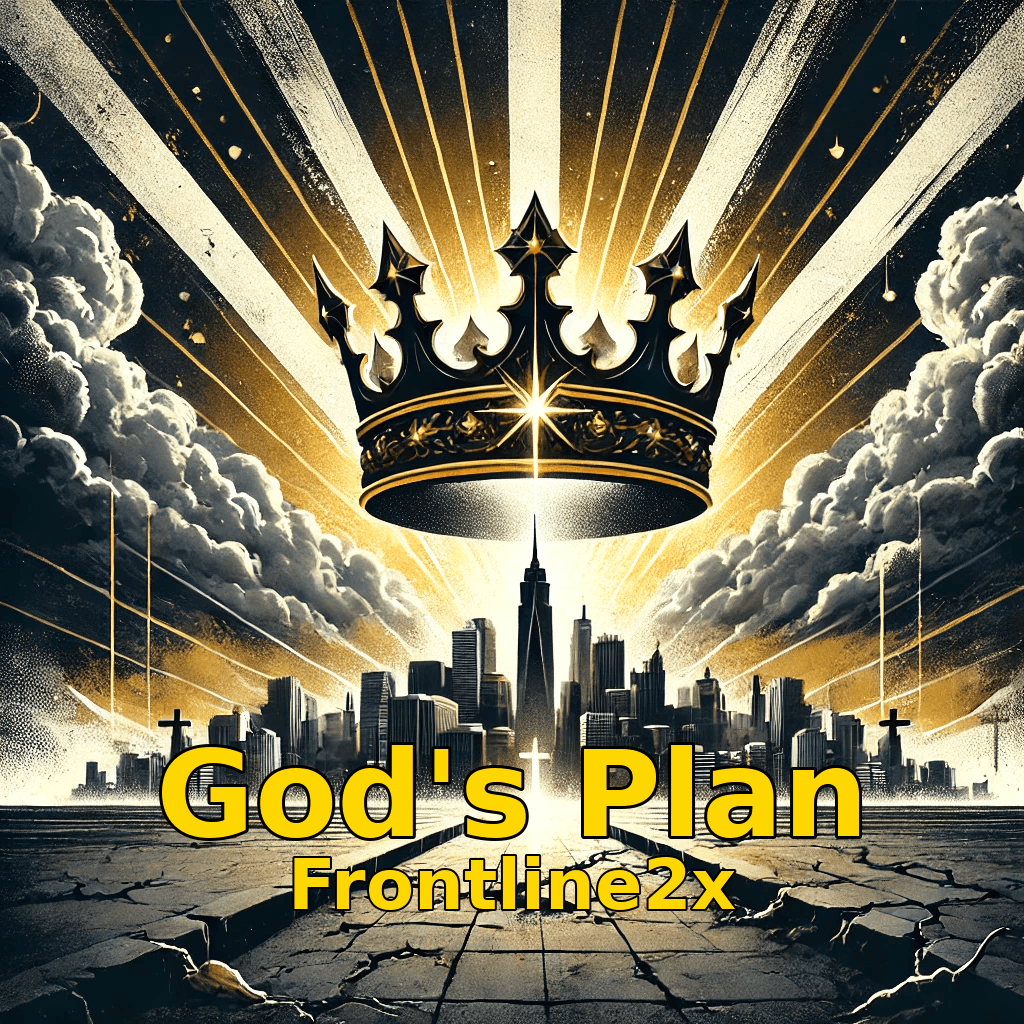 A golden crown shines above a city skyline, with the text “God's Plan Frontline2x” over cracked ground.