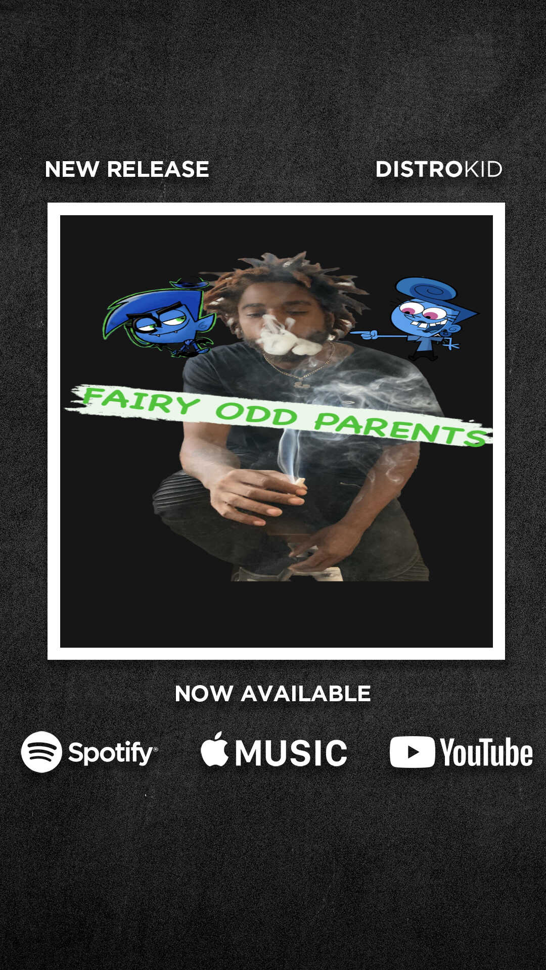 Album cover featuring a person, colorful illustrations, and the text “NEW RELEASE,” “SAFETY ODD PARENTS,” and “NOW AVAILABLE.”