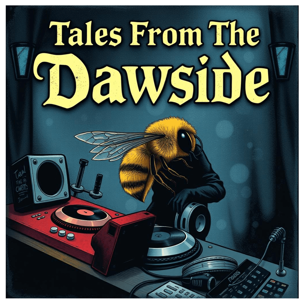 Poster reading “Tales From The Dawside,” with a large bee behind DJ equipment.