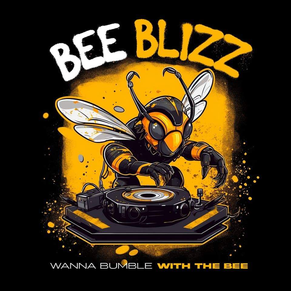 Illustration of a cartoon bee DJ wearing headphones behind a turntable, with “BEE BLIZZ” and “Wanna Bumble with the Bee” text.