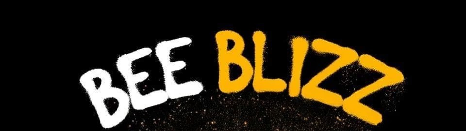 White and yellow “BEE BLIZZ” lettering on a black background.