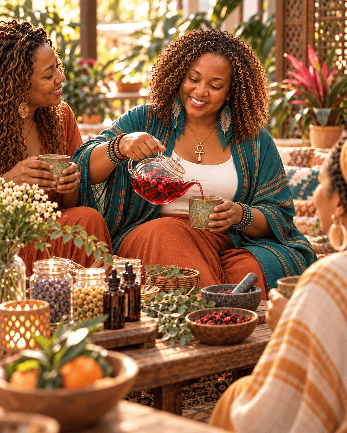 Two people pour and serve tea at a table with jars, bowls, flowers, and plants; another person sits nearby.