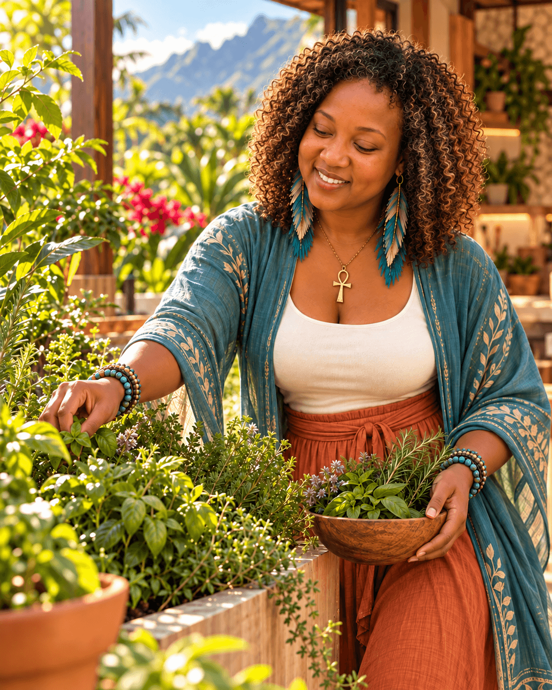 A person tends plants in a garden, holding a bowl of herbs among potted greenery.