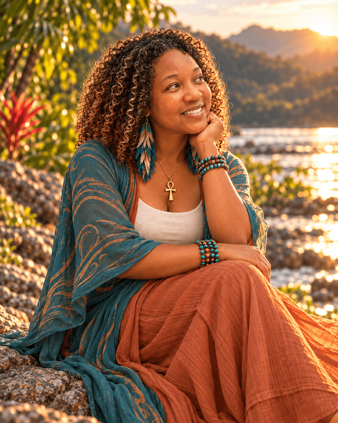 A seated person wearing a teal shawl and rust-colored skirt looks toward the sunset beside the water.