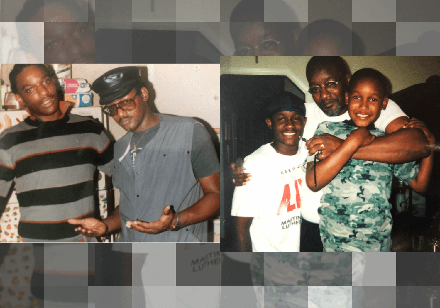 Two photographs show groups of people standing together indoors.
