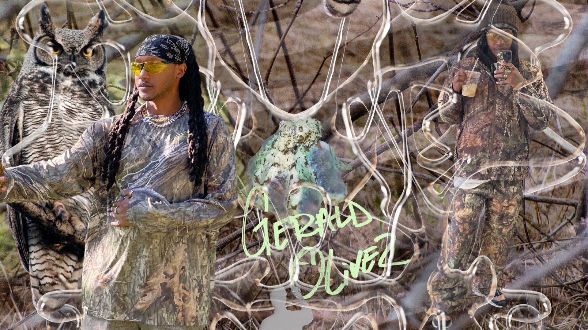 A collage shows a person beside an owl, a small bird, antlers, and handwritten green lettering.