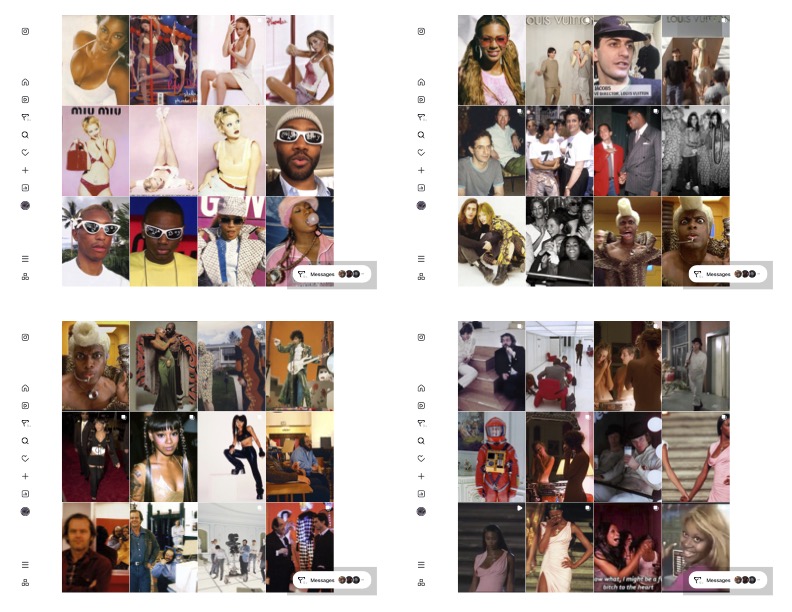 Four-page collage of fashion and runway photographs featuring models, clothing, and event scenes.