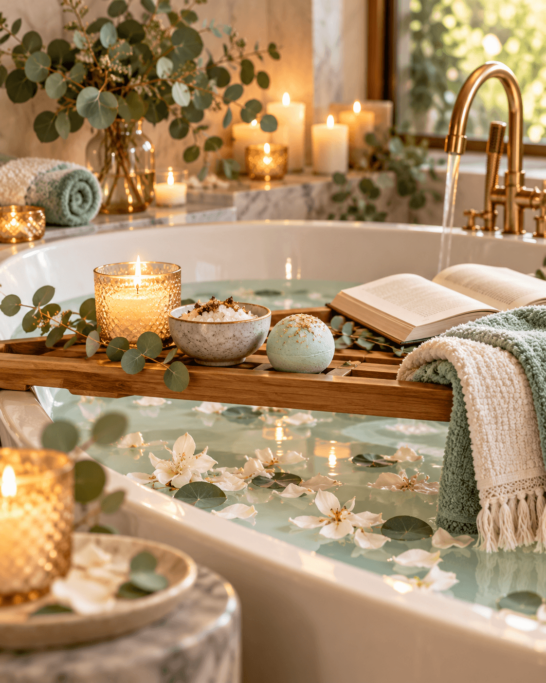 A bathtub with floating flowers, a wooden tray holding a book and candles, and eucalyptus greenery nearby.