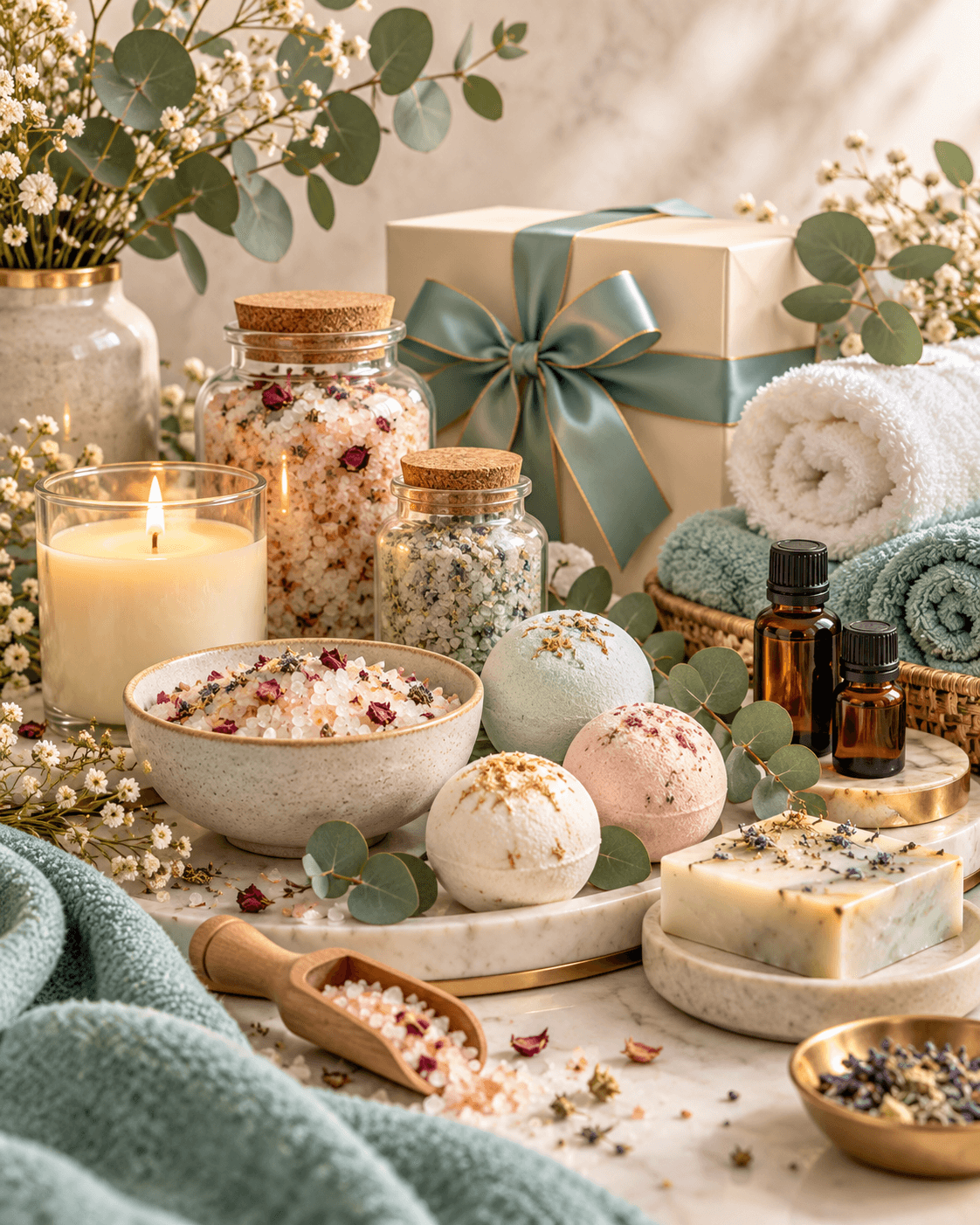 Spa products, candles, jars, bath salts, wrapped gift boxes, towels, and greenery arranged on a tabletop.