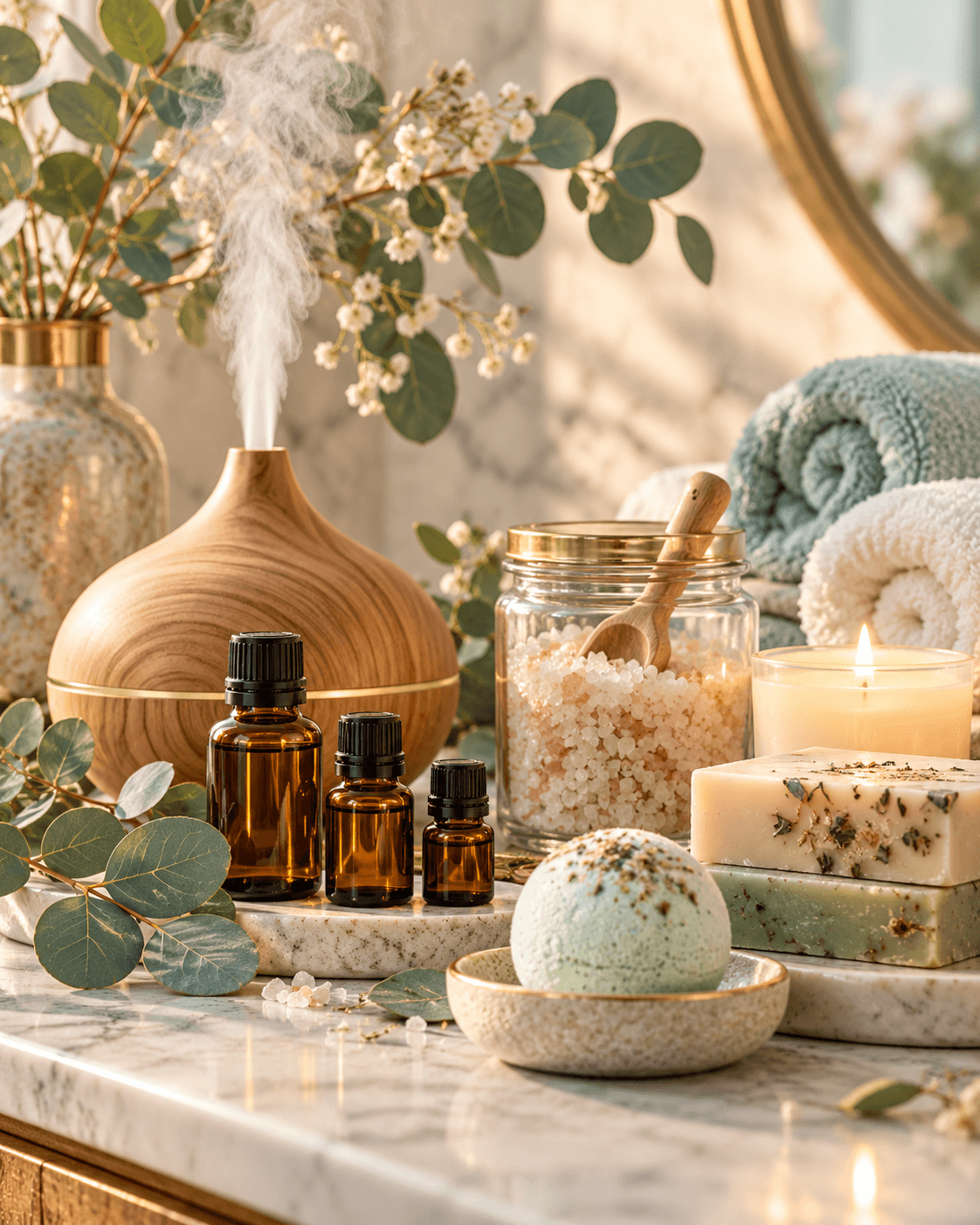 Spa arrangement with an essential oil diffuser, amber bottles, candles, bath salts, towels, and eucalyptus on a marble counter.