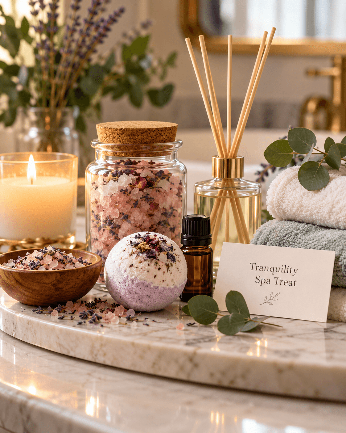 Spa arrangement with a lit candle, jar of bath salts, bath bomb, reed diffuser, folded towels, and a card on a marble tray.