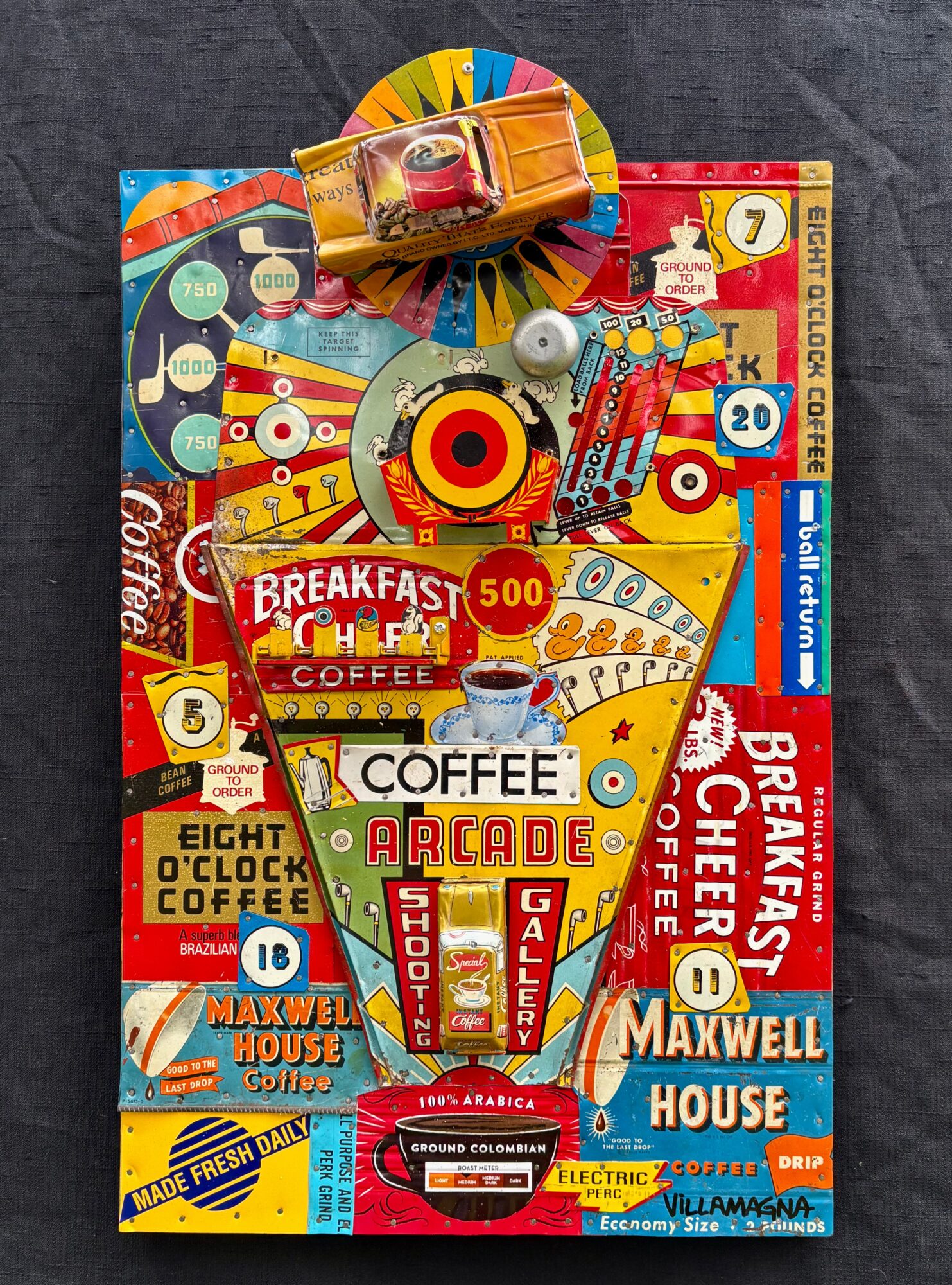 Colorful vintage coffee advertisement collage with a central coffee cup, labels, and a small toy vehicle.