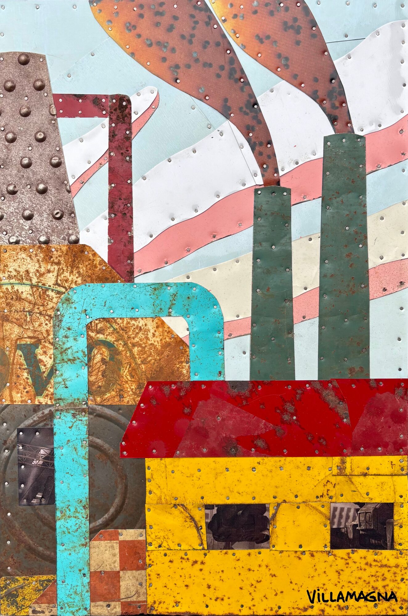 Colorful abstract mural with geometric shapes, curved forms, and the word “Villamagna” near the bottom.