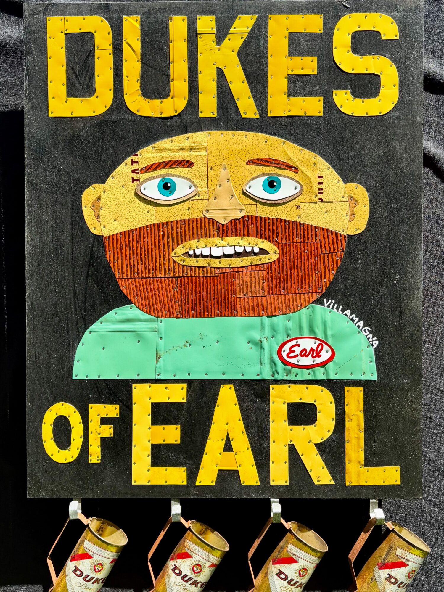 Poster reading “Dukes of Earl,” with a cartoon face and illustrated bottles below.