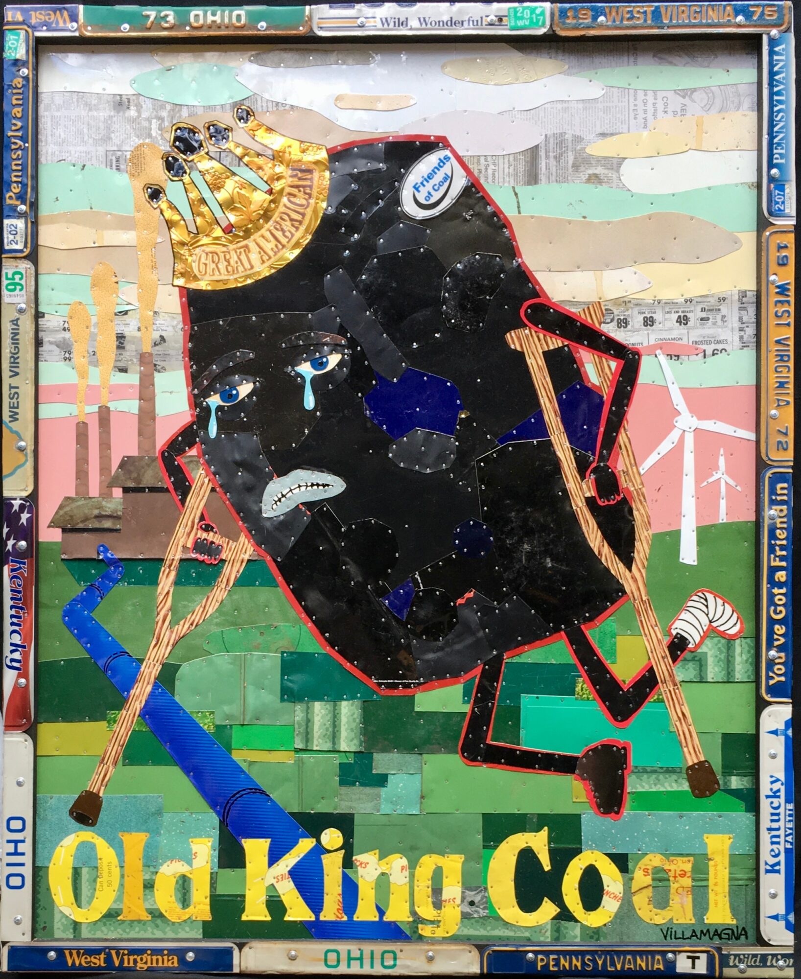 Collage poster featuring a black coal-shaped figure, mining tools, wind turbines, and the words “Old King Coal.”