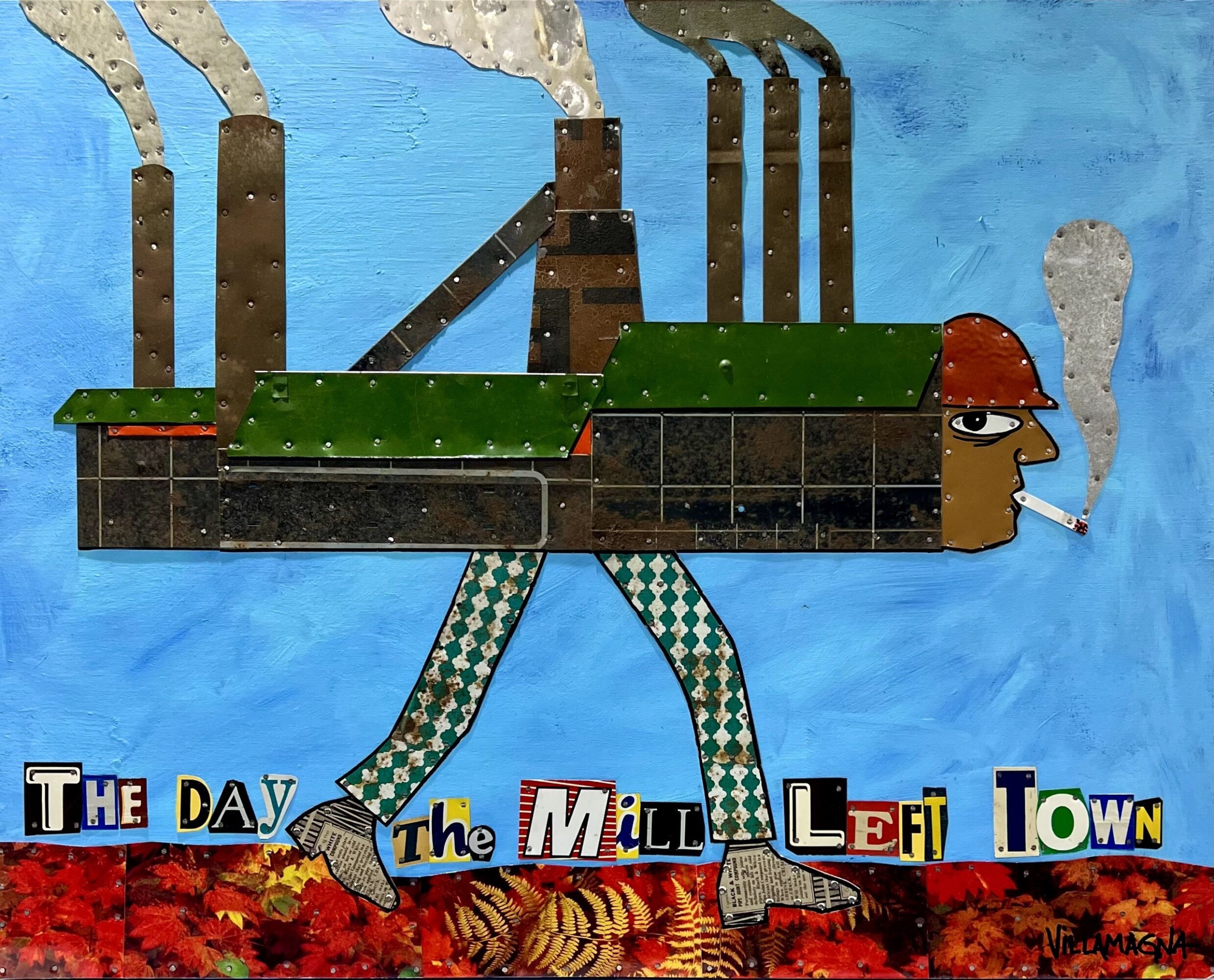 Collage of a factory with smokestacks above the words “The Day the Mill Left Town.”