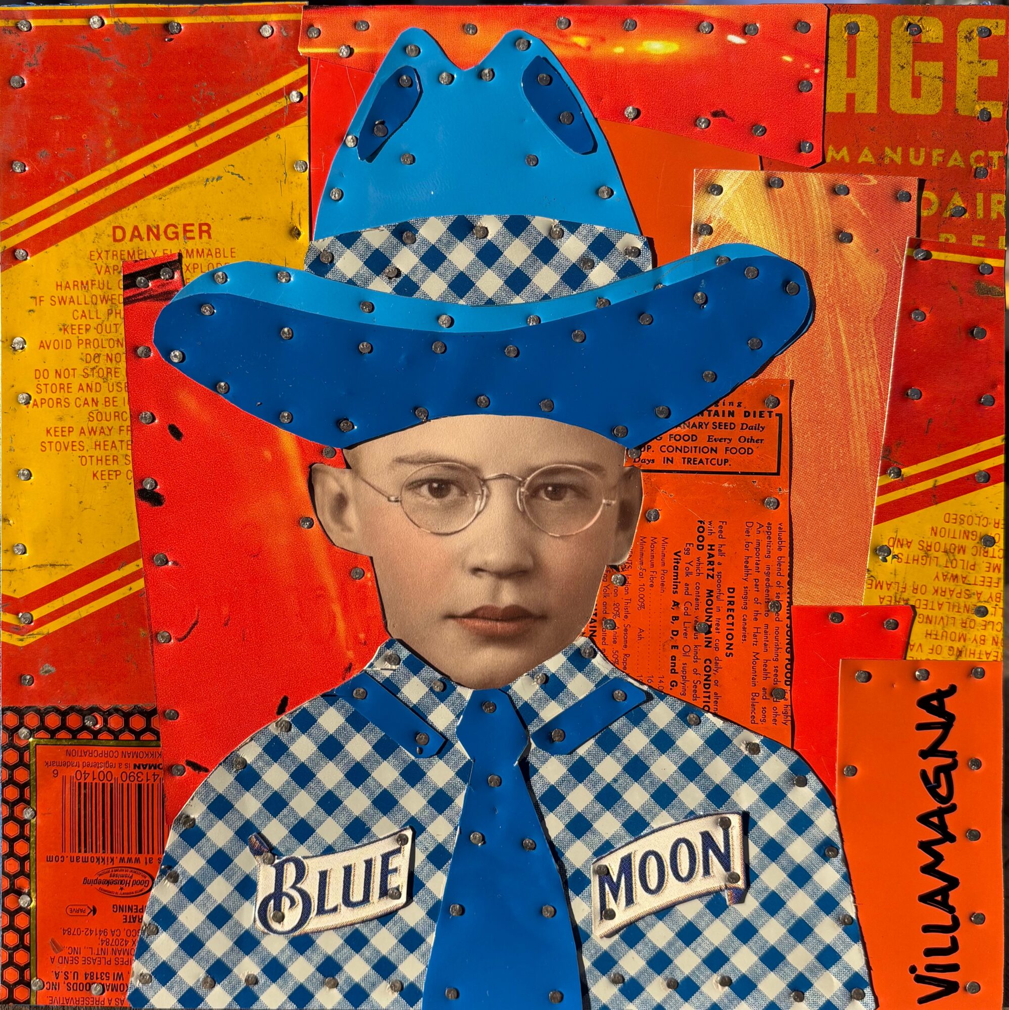 Person wearing a blue-and-white checkered outfit, a large blue hat, and round glasses against a red-orange background.